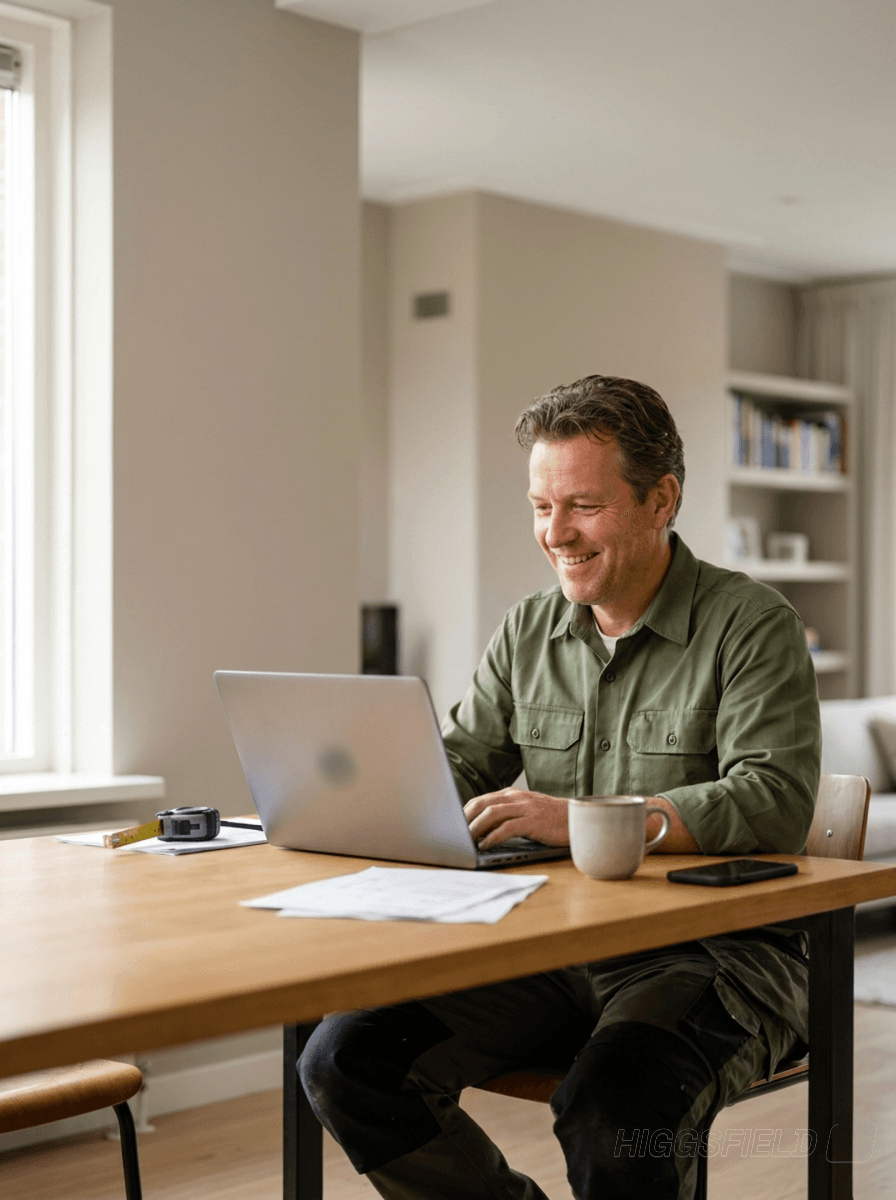 Vakman maakt thuis rustig een offerte op zijn laptop