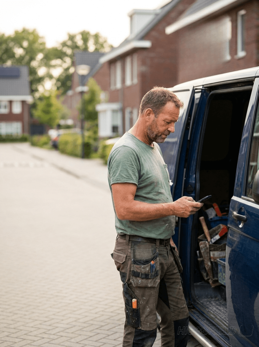 Vakman bekijkt onderweg bij zijn bus zijn opvolging op zijn telefoon